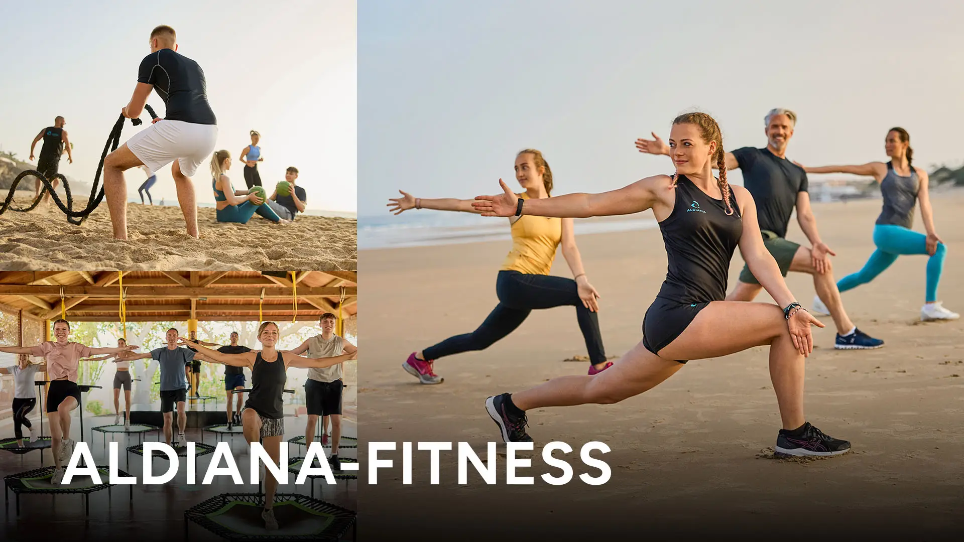 Fitnessberufsbilder bei Aldiana, Zirkeltraining am Strand, Jumping, Sport im Urlaub